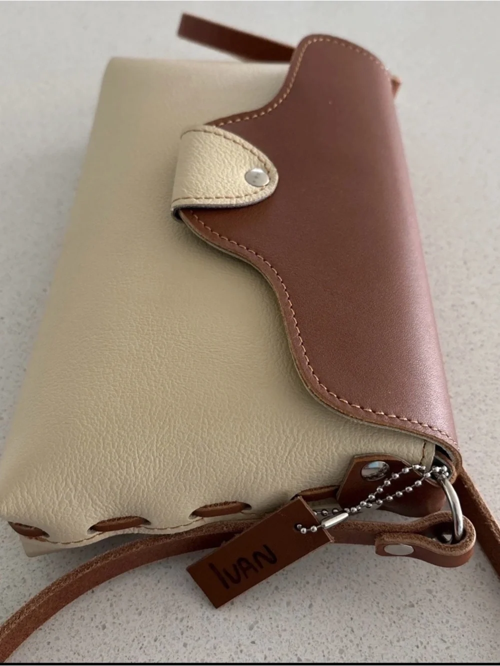 Artisan IVAN Handmade Leather Crossbody Purse Unique Two-Tone Cream & Brown